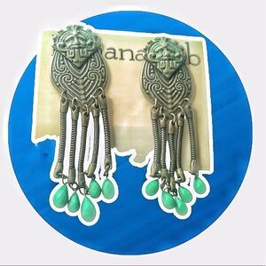 Vintage Banana Bob Aztec theme ox Gold green chandelier clip back earrings